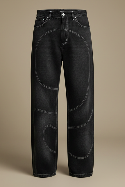Pantalon Noir Denim Ample Coutures Apparentes Décontracté - Jean - vue 3