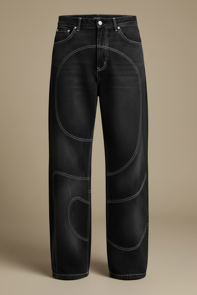 Pantalon Noir Denim Ample Coutures Apparentes Décontracté - Jean - vue 3