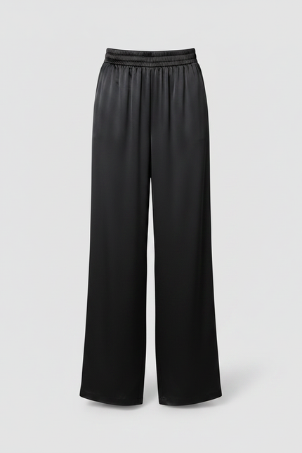 Pantalon Noir Satin Ample Fluide Élégant Taille Haute - vue 3