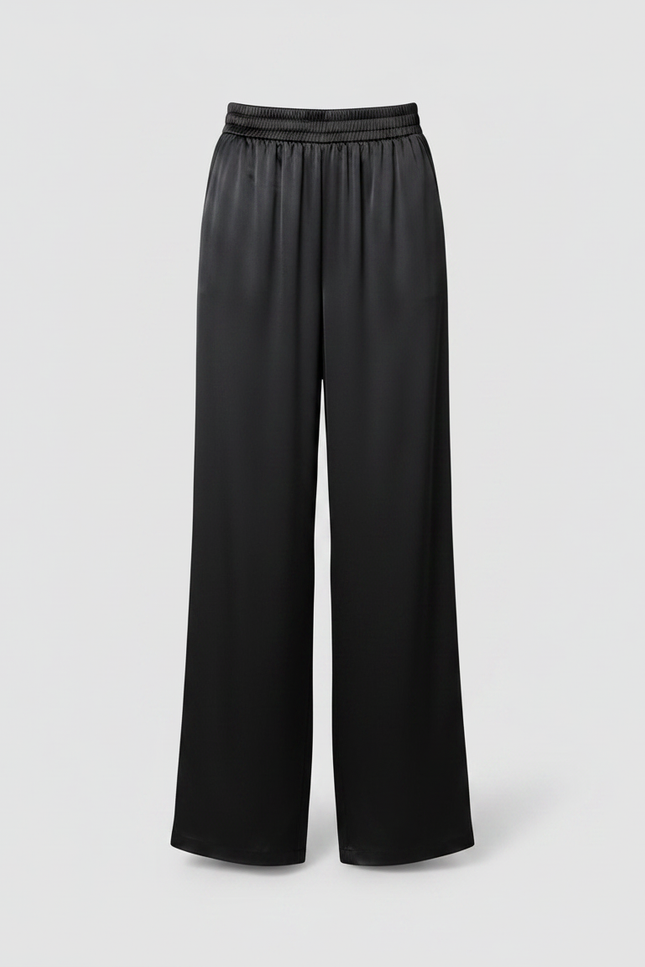 Pantalon Noir Satin Ample Fluide Élégant Taille Haute - vue 3