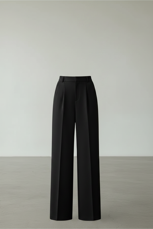 Pantalon Noir Fluide Taille Haute Large Décontracté - Polyester - vue 3