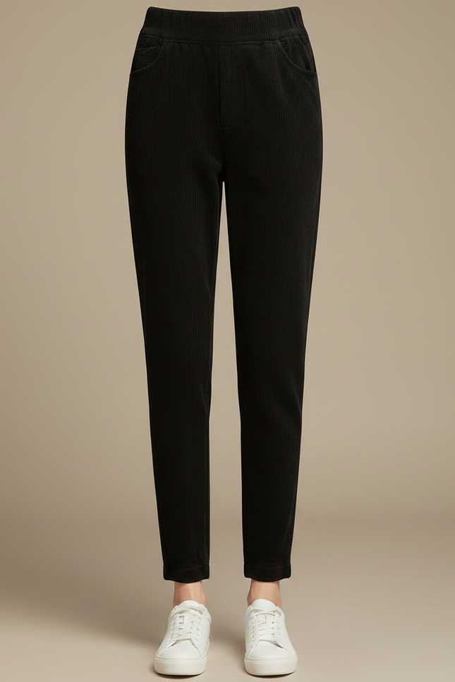 Pantalon Noir Côtelé Taille Haute Confortable Élastique Femme - Cordé - vue 3