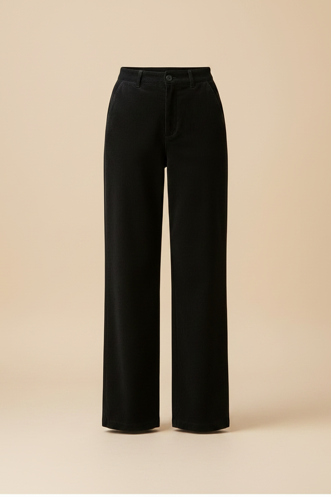 Pantalon Noir Côtelé Droit Taille Haute Épais Femme - Cordé - vue 3
