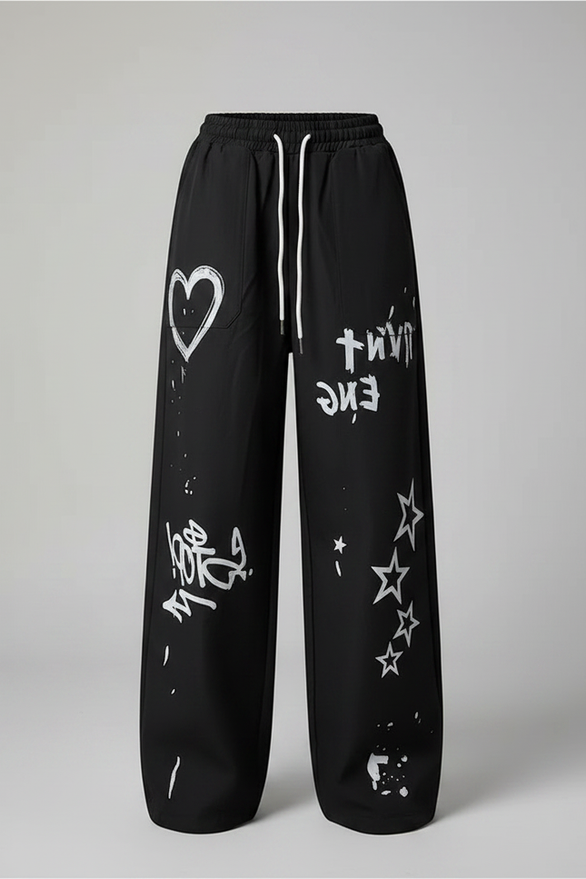 Pantalon Noir Ample Graffitis Streetwear Décontracté - Polyester - vue 3