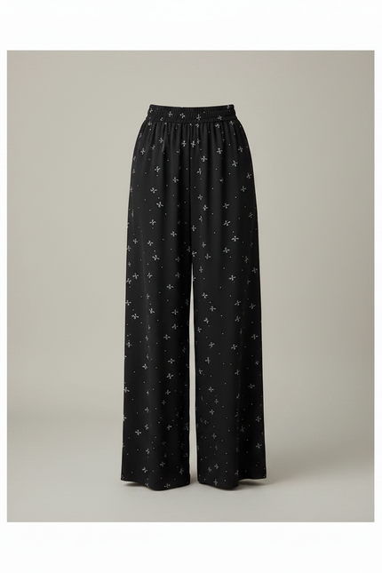 Pantalon Noir Fluide Motif Nœuds Papillon Larges Décontracté - Viscose - vue 3