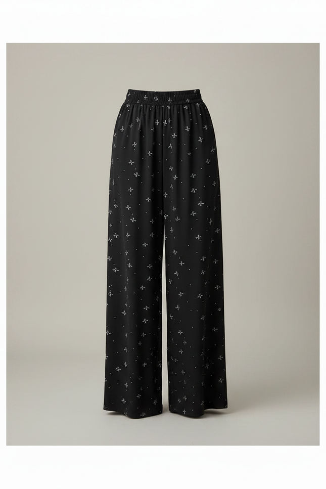 Pantalon Noir Fluide Motif Nœuds Papillon Larges Décontracté - Viscose - vue 3
