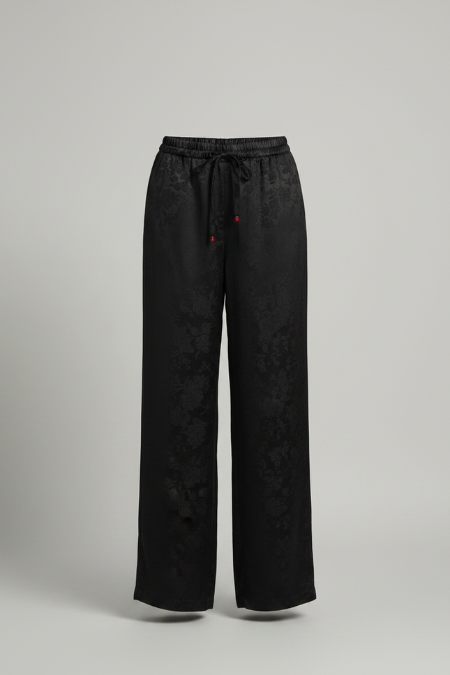 Pantalon Noir Jacquard Satin Ample Élégant Femme - vue 3