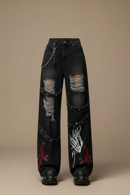 Pantalon Noir Déchiré Brodé Large Streetwear Gothique - Jean - vue 3