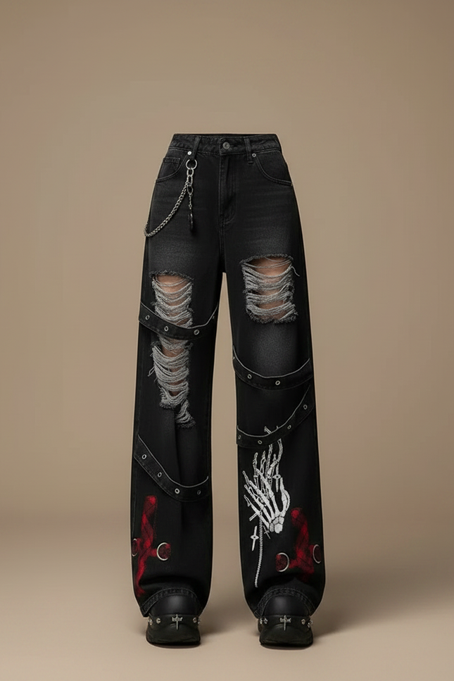 Pantalon Noir Déchiré Brodé Large Streetwear Gothique - Jean - vue 3