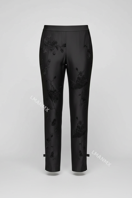 Pantalon Noir Brodé Floral Élégant Slim Cheville Femme - Satin - vue 3