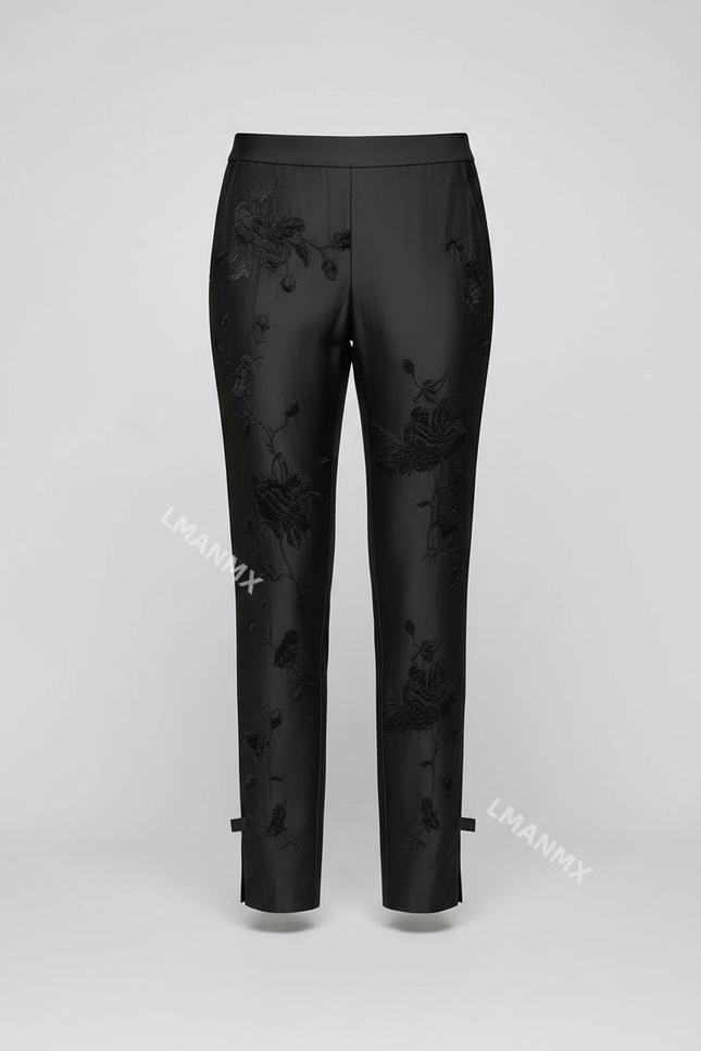Pantalon Noir Brodé Floral Élégant Slim Cheville Femme - Satin - vue 3