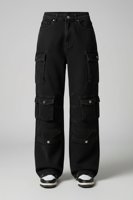 Pantalon Noir Cargo Femme Ample Vintage Multi-Poches - Jean - vue 3
