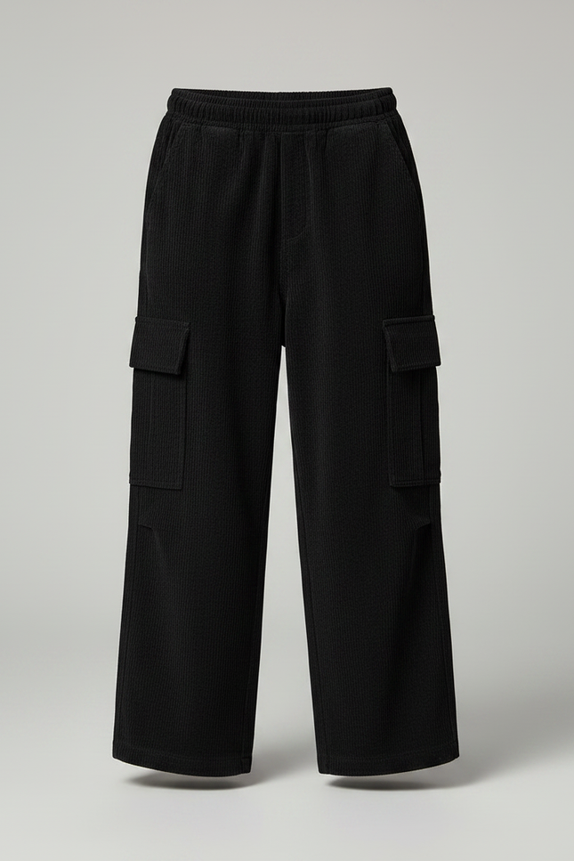 Pantalon Noir Côtelé Ample Décontracté Enfant Poches - Cordé - vue 3