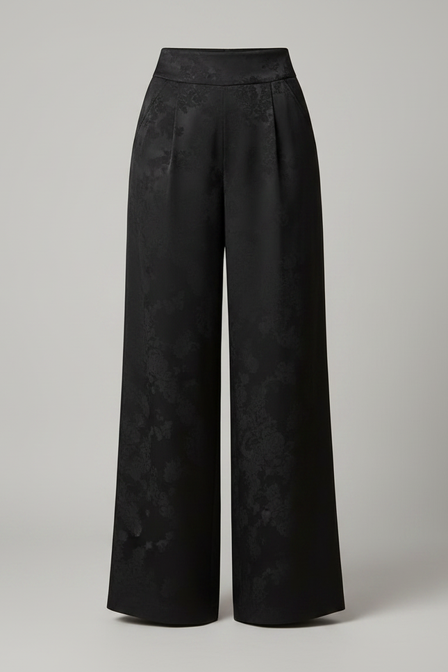 Pantalon Noir Satin Jacquard Ample Fluide Femme - vue 3
