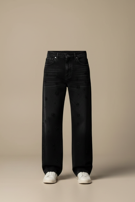 Pantalon Noir Large Décontracté Brodé Paillettes Homme - Jean - vue 3