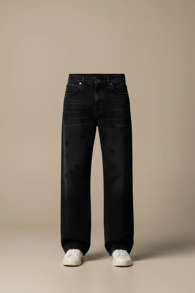 Pantalon Noir Large Décontracté Brodé Paillettes Homme - Jean - vue 3