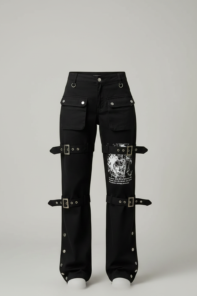 Pantalon Noir Cargo Boucles Imprimé Y2K Femme - Toile - vue 3