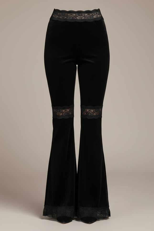 Pantalon Noir Velours Évasé Dentelle Taille Haute Sexy - vue 3
