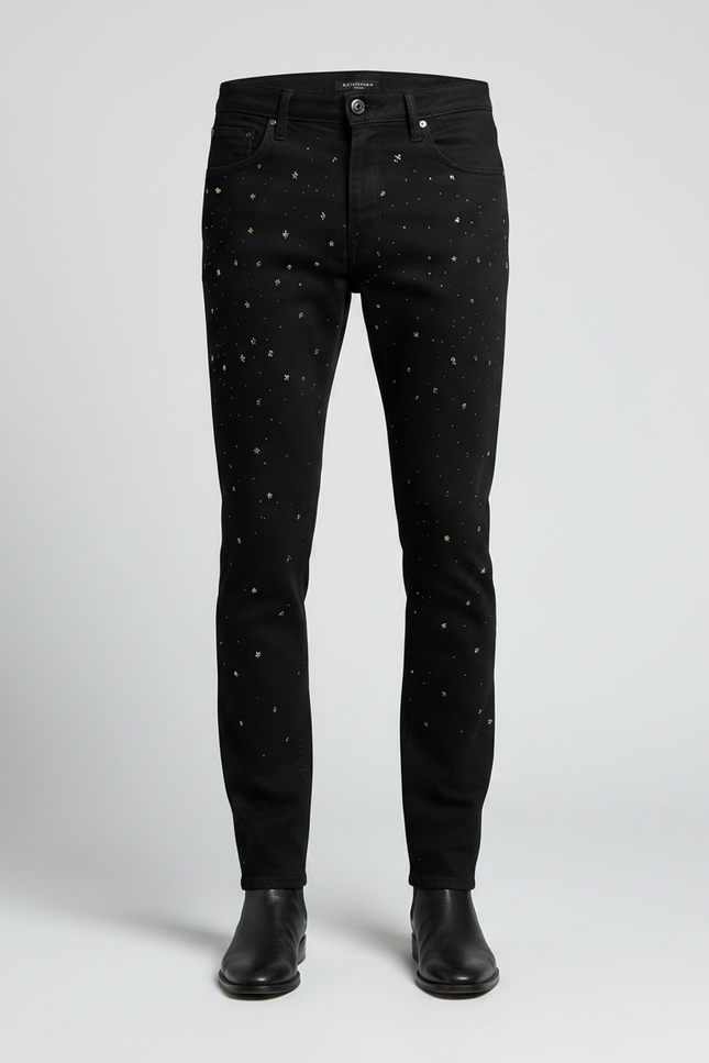 Pantalon Noir Slim Brodé Étoiles Homme Tendance - Jean - vue 3