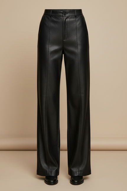 Pantalon Noir En Cuir Ample Droit Élégant Femme - vue 3