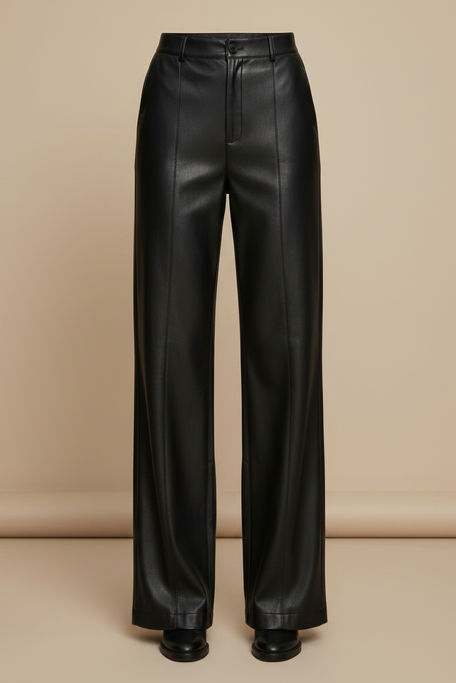 Pantalon Noir En Cuir Ample Droit Élégant Femme - vue 3