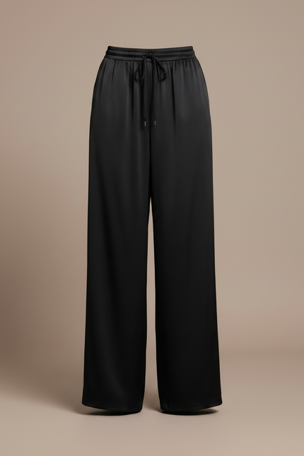 Pantalon Noir Fluide Satin Ample Taille Haute - vue 3