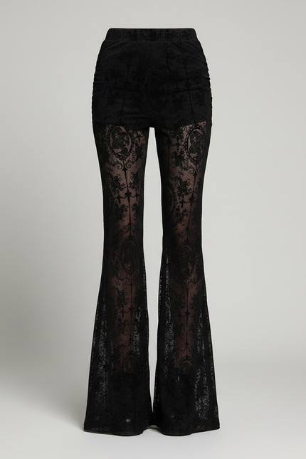 Pantalon Noir Dentelle Transparent Évasé Gothique Y2K - Maille - vue 3
