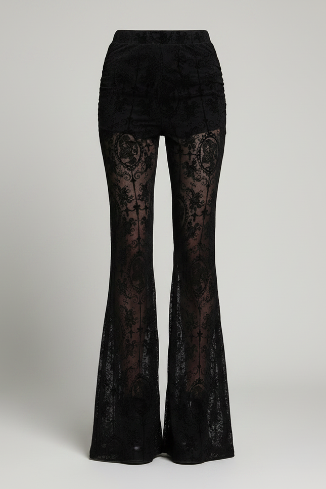 Pantalon Noir Dentelle Transparent Évasé Gothique Y2K - Maille - vue 3