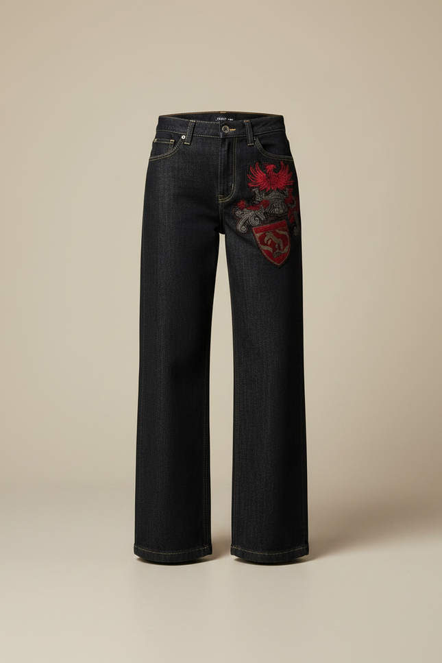 Pantalon Noir Jean Brodé Ample Taille Haute - vue 3