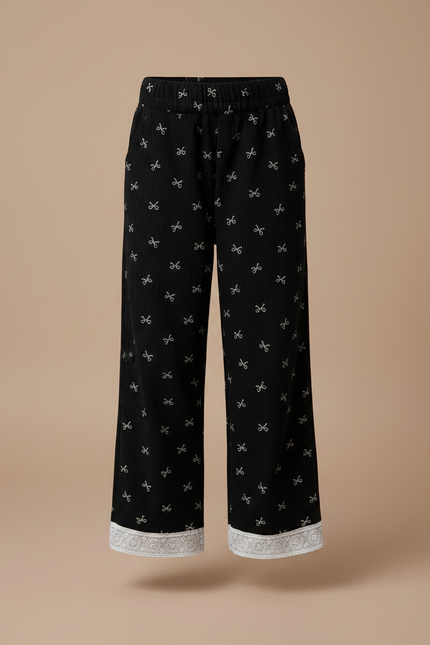 Pantalon Noir Côtelé Ample Nœuds Dentelle Fille - Cordé - vue 3