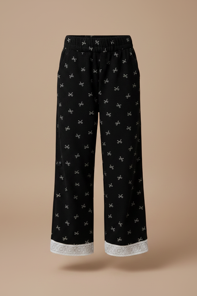 Pantalon Noir Côtelé Ample Nœuds Dentelle Fille - Cordé - vue 3
