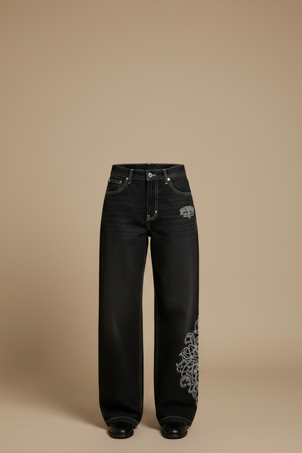 Pantalon Noir Brodé Ample Streetwear Femme - Jean - vue 3