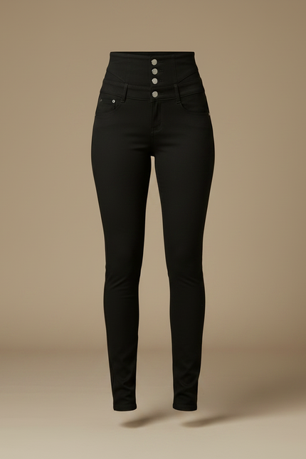 Pantalon Noir Femme Slim Taille Haute Boutons - Maille - vue 3