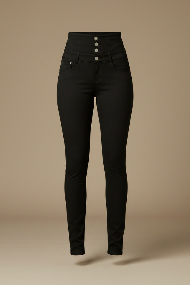 Pantalon Noir Femme Slim Taille Haute Boutons - Maille - vue 3