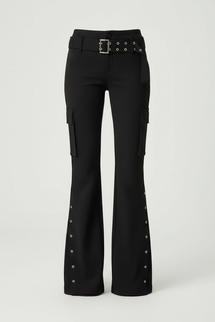 Pantalon Noir Évasé Rivets Cargo Taille Haute Y2k - Polyester - vue 3