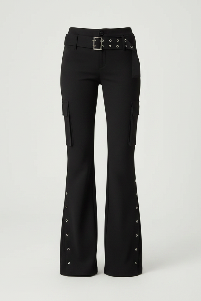 Pantalon Noir Évasé Rivets Cargo Taille Haute Y2k - Polyester - vue 3