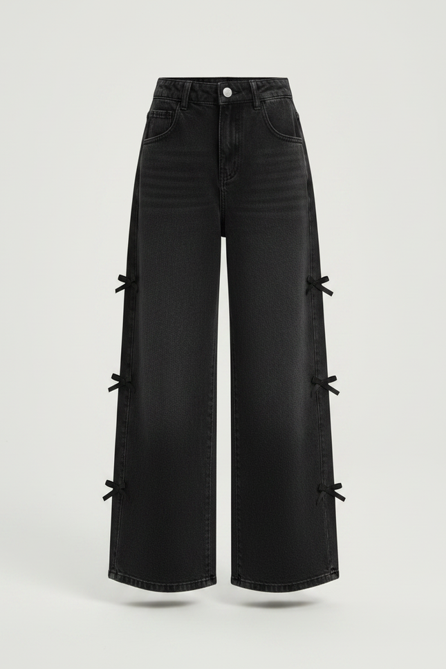 Pantalon Noir Large Denim Rubans Fille - Jean - vue 3