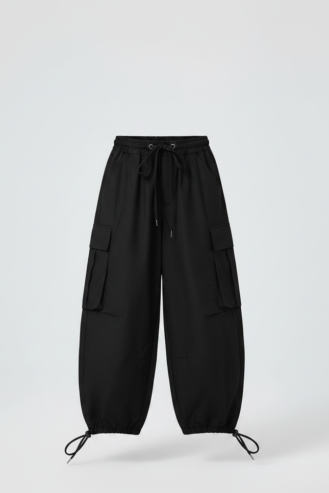 Pantalon Noir Cargo Ample Cordon Streetwear Fille - Toile - vue 3