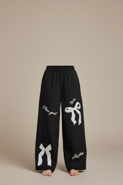 Pantalon Noir Fluide Ample Fille Imprimé Nœuds Dentelle - Polyester - vue 3
