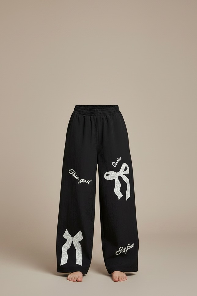 Pantalon Noir Fluide Ample Fille Imprimé Nœuds Dentelle - Polyester - vue 3