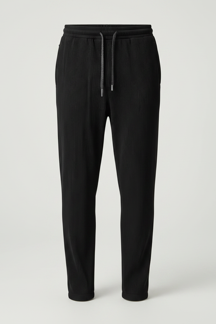 Pantalon Noir Plissé, Ample, Cordon, Décontracté - Maille - vue 3